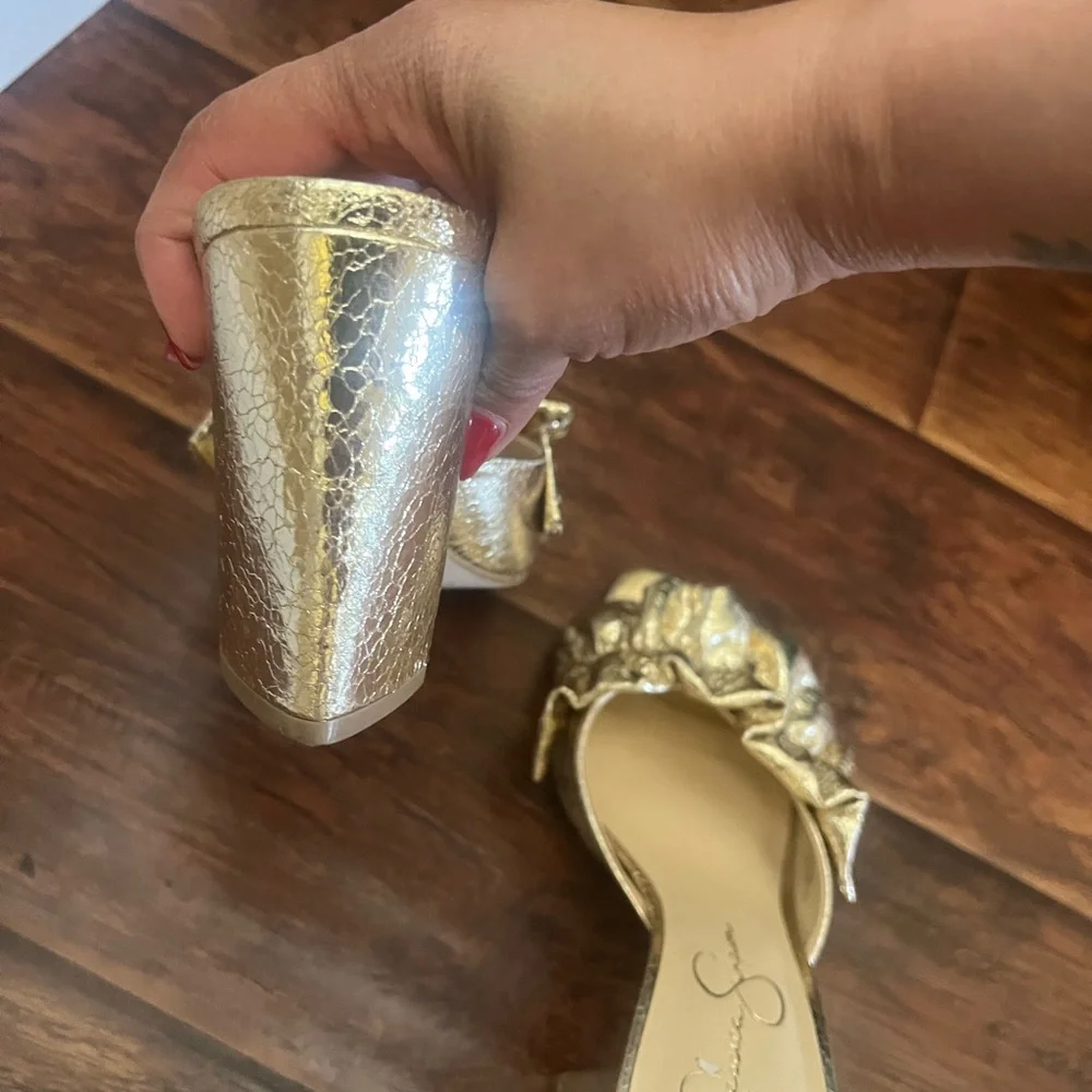 Gold Ruffle Open-Toe Heels - Picture 5 of 6